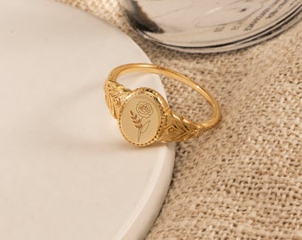 Anillo delicado con flor de nacimiento grabada, anillo floral personalizado, anillo de sello de oro de 14 quilates, anillos con flores del mes de nacimiento, regalo de cumpleaños para ella, regalo conmemorativo