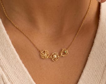 Dainty Birth Flower Necklace With Birthstone, Family Birth Flower Necklacce, Birth Flower Bouquet Necklace, Birthday Gift, Mothers Day Gifts