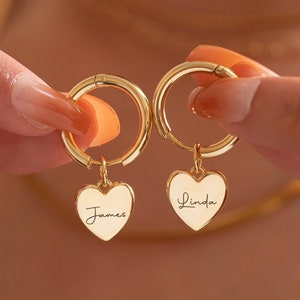 Personalized Heart Earrings, Engraved Name Dangle Earrings, Gold Initial Earrings, Bridesmaid Gift, Earring for Women, Birthday Gift for Her