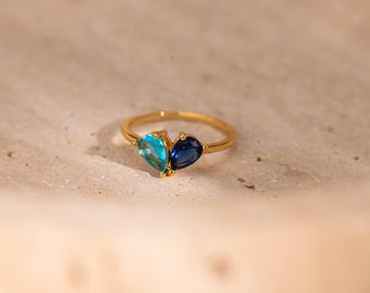 Personalized Heart Birthstone Ring, Dainty 2 Birthstone Ring, Stackable Ring Women, Engagement Ring, Birthday Gift, Christmas Gift for Mom