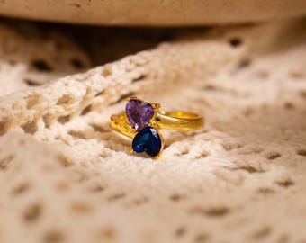 Personalized Heart Birthstone Ring, Dainty Stacking Jewelry, 2 Birthstone Ring, Gift for Mom, 3th Anniversary Gift, Birthday Gift for Her