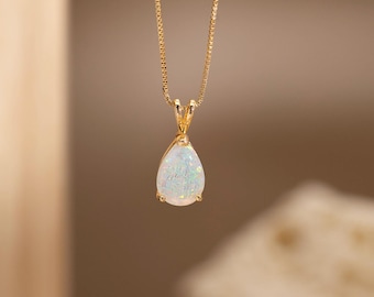 Dainty Opal Pendant Necklace, Minimalist Gold Opal Pendant, October Birthstone Jewelry for Women, Droplet White Opal Necklace, Gift for Her