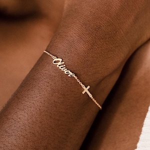 Pulsera con nombre personalizado y cruz, pequeña pulsera de cruz dorada, pulsera religiosa para ella, regalos cristianos, regalo de bautismo, regalo de comunión para hija.