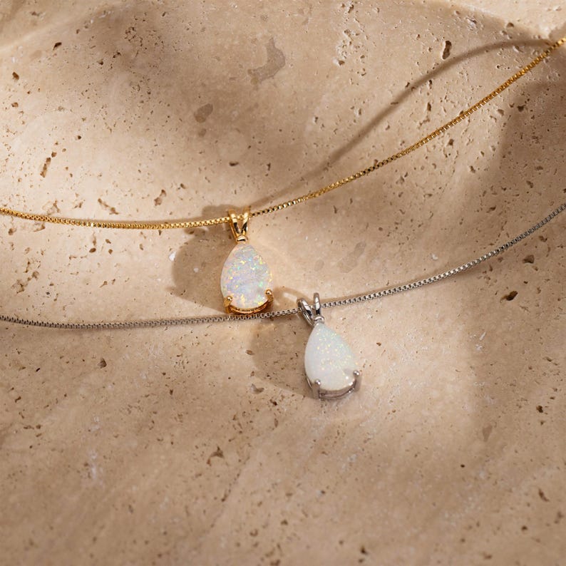 Dainty Opal Pendant Necklace, Minimalist Gold Opal Pendant, October Birthstone Jewelry for Women, Droplet White Opal Necklace, Gift for Her image 4