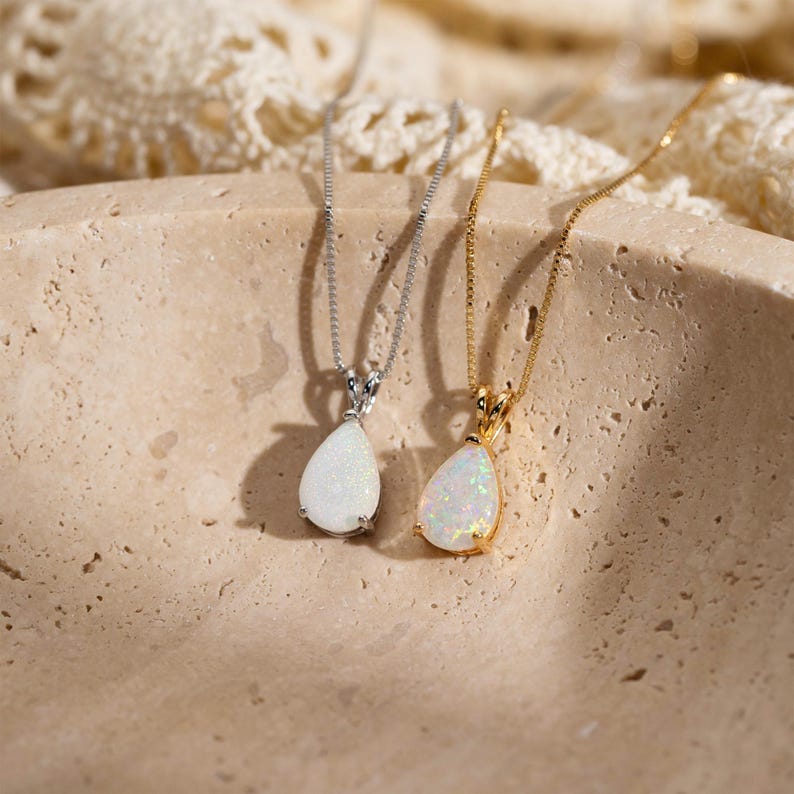 Dainty Opal Pendant Necklace, Minimalist Gold Opal Pendant, October Birthstone Jewelry for Women, Droplet White Opal Necklace, Gift for Her image 2