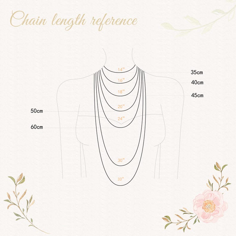May include: A diagram illustrating necklace chain lengths. The image shows a stylized outline of a person with several chains of varying lengths, ranging from 14 inches to 33 inches. Measurements in centimeters are also provided.