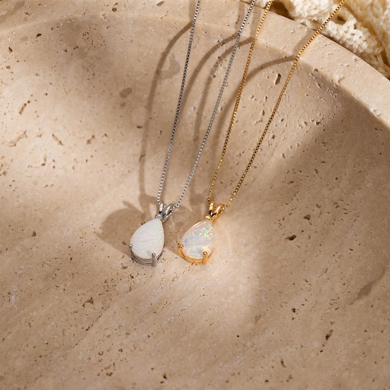Dainty Opal Pendant Necklace, Minimalist Gold Opal Pendant, October Birthstone Jewelry for Women, Droplet White Opal Necklace, Gift for Her image 8