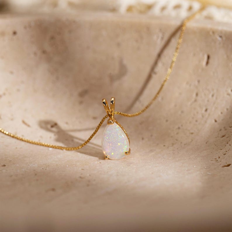 Dainty Opal Pendant Necklace, Minimalist Gold Opal Pendant, October Birthstone Jewelry for Women, Droplet White Opal Necklace, Gift for Her image 6