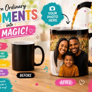 May include: A black ceramic mug shown in two states: a plain black mug labeled BEFORE and a mug featuring a color photograph of a smiling family of three labeled AFTER, with text overlays including Turn Ordinary MOMENTS into MAGIC.