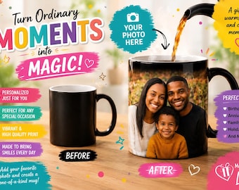 May include: A black ceramic mug shown in two states: a plain black mug labeled BEFORE and a mug featuring a color photograph of a smiling family of three labeled AFTER, with text overlays including Turn Ordinary MOMENTS into MAGIC.