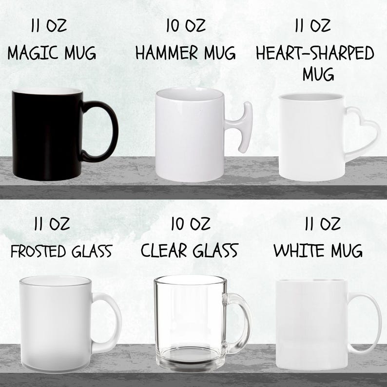 Op de afbeelding: Zes verschillende soorten mokken en glazen, waaronder een 11 oz magic mok, een 10 oz hamer mok, een 11 oz hartvormige mok, een 11 oz frosted glas, een 10 oz helder glas en een 11 oz witte mok.