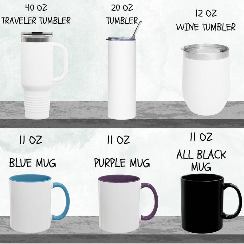 Op de afbeelding: Een set van zes blanco sublimatiebekers en mokken in verschillende maten. De bekers omvatten een 40 ounce reisbeker, een 20 ounce beker en een 12 ounce wijnbeker. De mokken omvatten een 11 ounce blauwe mok, een 11 ounce paarse mok en een 11 ounce volledig zwarte mok.
