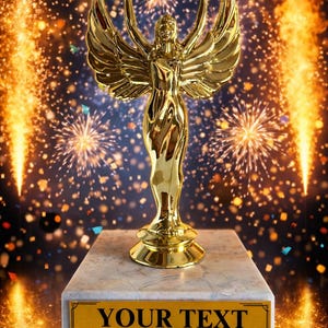 Puede incluir: Un trofeo dorado que representa una figura alada con los brazos levantados, sobre una base de mármol con una placa dorada. La placa dice "YOUR TEXT & LOGO HERE". El fondo es una escena oscura y festiva con fuegos artificiales y confeti.