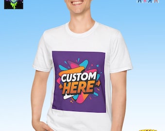 May include: White t-shirt with a colorful graphic that says "CUSTOM HERE" in orange and white text on a purple background. The shirt is being worn by a person. The Etsy logo is visible in the top right corner.