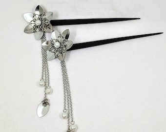 Silver Hair Flower Hair Sticks