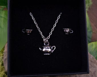 Time for Tea, Teapot Necklace and Teacup Earrings, Tea Set Jewelry