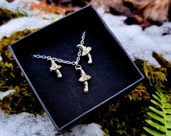 Tiny Sterling Silver Mushroom Jewelry: Necklace or Earrings