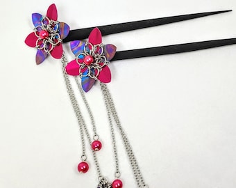 Pink and Purple Strata Flower Hairsticks