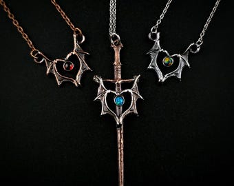 Dragon Heart Necklace, Dragon Wing Pendant with Gemstone