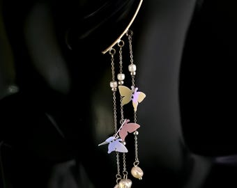 Butterfly Ear Cuff: Stainless Steel Chain, Freshwater Pearl Dangle, No Piercing