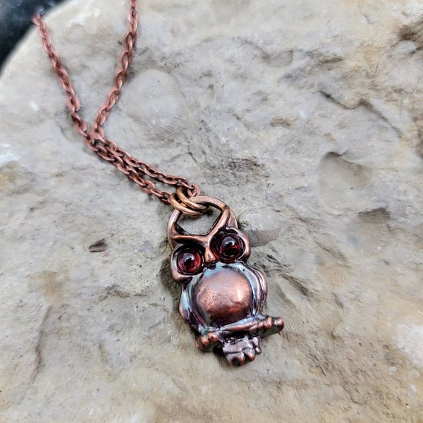 Owl with Garnets Necklace, Owl Amulet