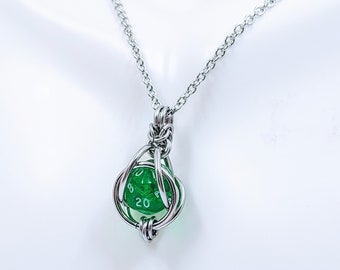 Mini D20 Pendant/ Chainmaille Necklace/ D20 Jewelry/ Green D20/ Dice Jewelry/ Gamer Jewelry/ DnD Jewelry/ Dice Necklace/ Geek Jewelry