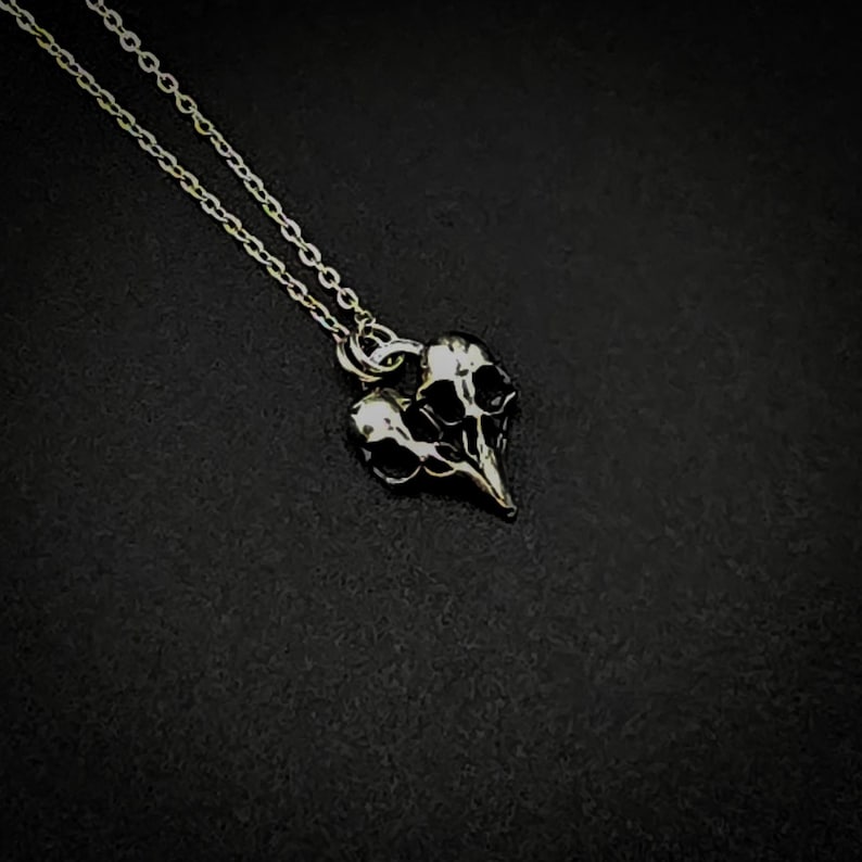Puede incluir: Un collar de plata con un colgante en forma de coraz&oacute;n que presenta dos calaveras entrelazadas.