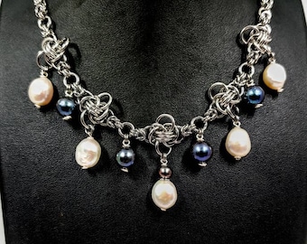 Stainless Steel Knots and Pearl Drop Necklace / Persephone Chainmaille Necklace