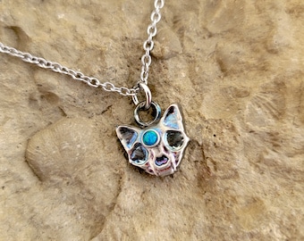Sterling Silver Cat Skull Pendant: Gemstone Accent, Stainless Steel Chain