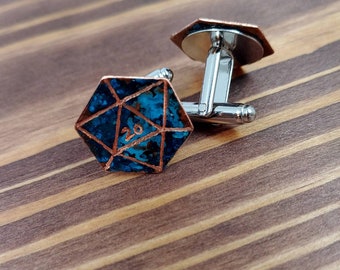 D20 Cufflinks, Hand Engraved Dice Cufflinks, Patina Copper Cufflinks, Groomsman Gift, Nerdy Wedding Gift