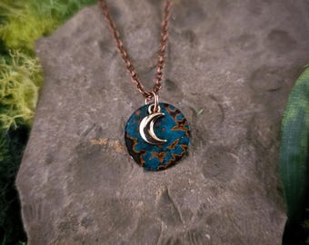 Patina Copper Celestial Necklace: Gold Moon or Star Charm