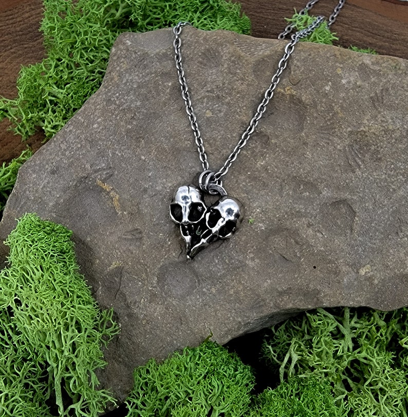 Puede incluir: Un collar de plata con un colgante de dos cr&aacute;neos de p&aacute;jaro unidos en forma de coraz&oacute;n. El collar est&aacute; sobre una roca gris con musgo verde.
