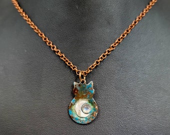Patina Copper Cat Necklace: Sterling Silver Moon, Gemstone Accent