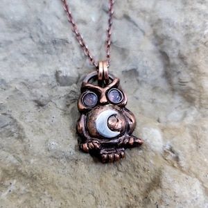 Copper Owl Pendant: Moonstone Eyes, Sterling Silver Moon Necklace