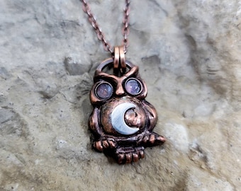 Copper Owl Pendant: Moonstone Eyes, Sterling Silver Moon Necklace