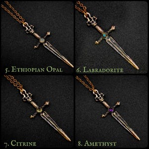 May include: Four bronze sword pendants with different coloured gemstones. The gemstones are Ethiopian Opal, Labradorite, Citrine, and Amethyst. Each pendant is on a gold chain.