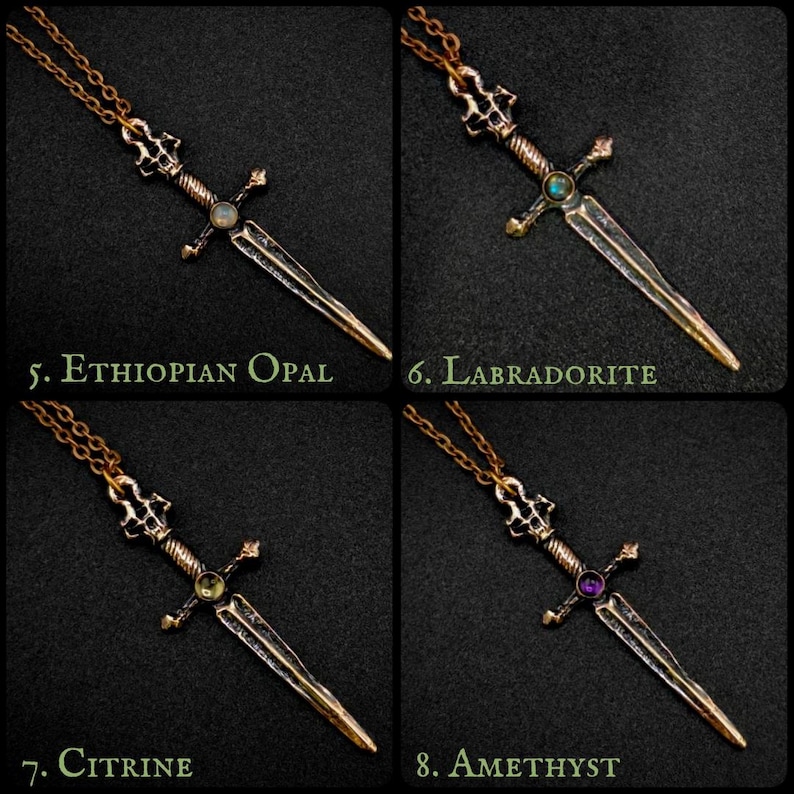May include: Four bronze sword pendants with different coloured gemstones. The gemstones are Ethiopian Opal, Labradorite, Citrine, and Amethyst. Each pendant is on a gold chain.