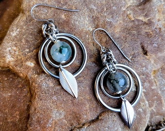 Moss Agate Earrings, Gemstone and Stainless Steel, Chainmaille Earrings