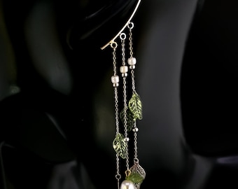 Flower Garden Ear Cuff, Green Leaves, No Piercing