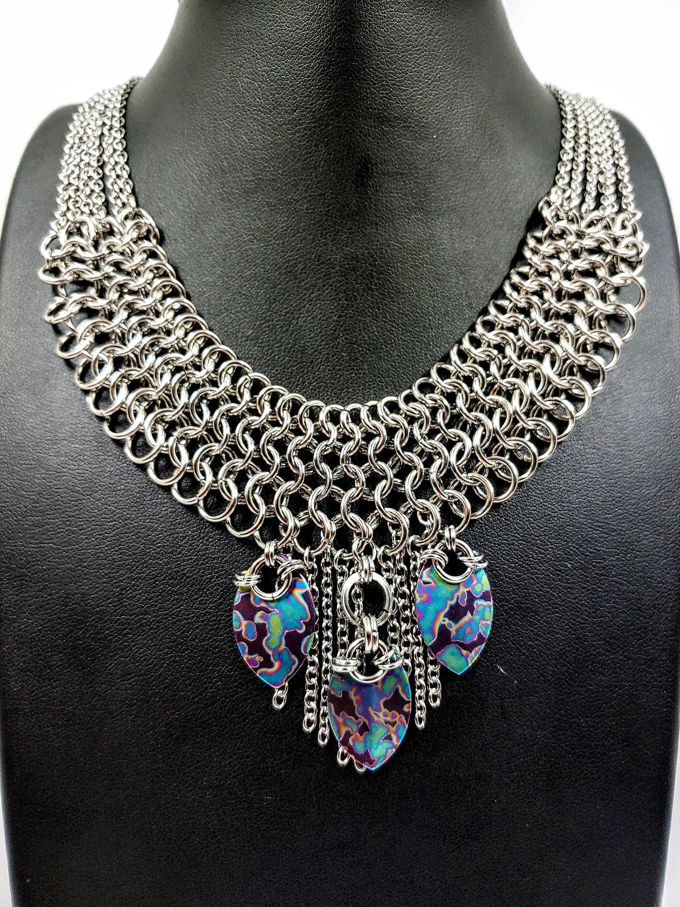 Chainmaille Statement Necklace.  Stainless Steel and Anodized Titanium