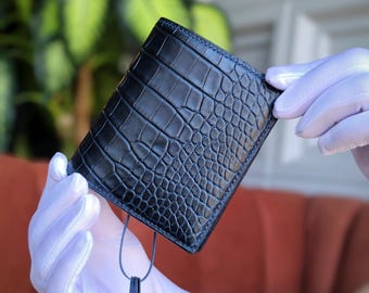 Luxury Alligator Leather Bifold Wallet. Navy Blue Exotic Wallet.