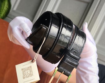 Luxury Alligator Leather Men&#39;s Belt: Handmade, Solid Brass Buckle.