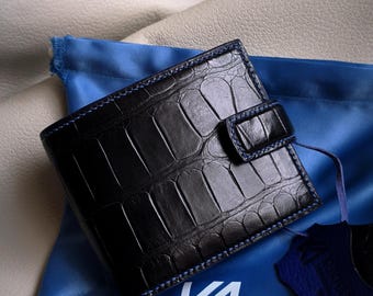 Luxe zwarte alligator klassieke dubbele vouw. Echte alligator herenportemonnee.