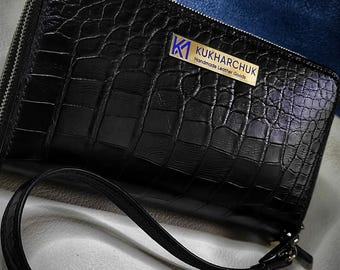 Handmade Black Alligator Leather Wallet: Luxury Zipper Clutch