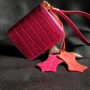 Luxury Genuine Alligator Wallet.Pink Women&#39;s Hand stitched Mini Zipper Wallet. Exotic Women Wallet.