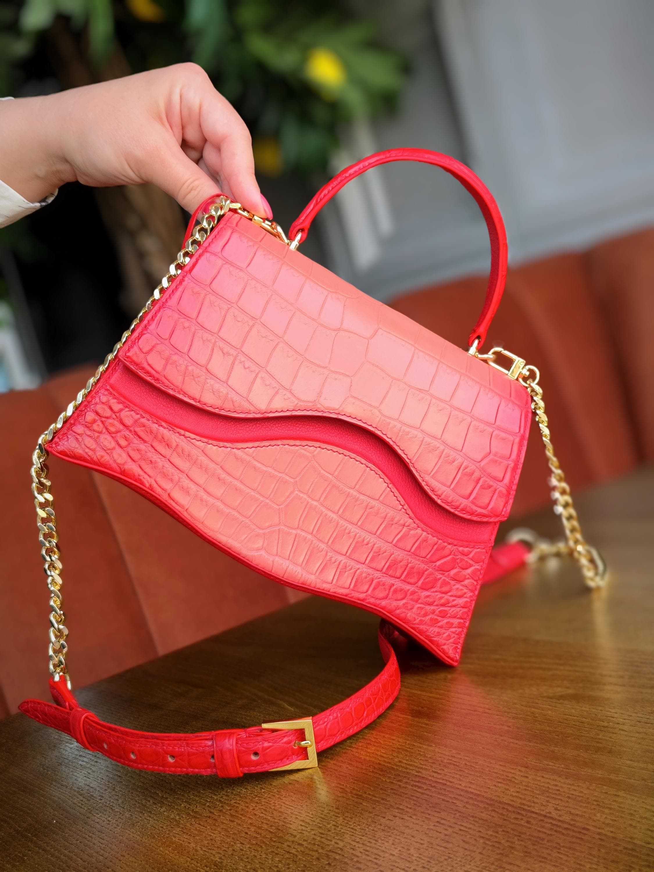 Handmade Alligator Leather Top Handle Bag. Pink & Red Luxury Design.