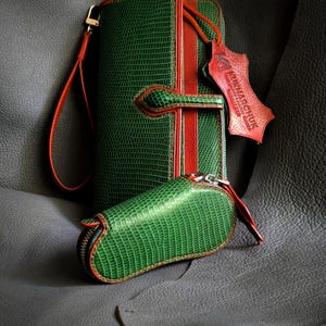 Cartera larga de lujo de piel exótica, cartera de mano con diseño de iguana verde, cartera larga a medida, regalo único para mujer