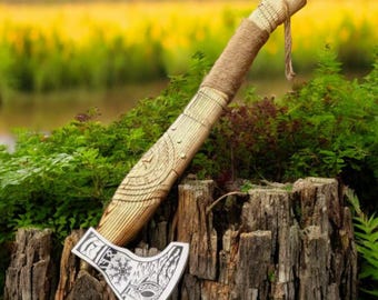 Hand Forged Carbon Steel Viking Axe: Ragnar Bearded Hatchet