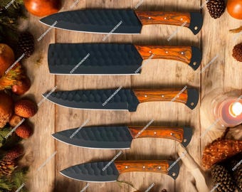May include: Five black kitchen knives with wooden handles. The knives are arranged in a row on a wooden surface. The handles are made of a dark wood with orange and brown streaks. The knives have a textured blade.