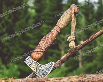 Hand Forged Carbon Steel Viking Axe, Ash Wood Handle, Leather Pouch